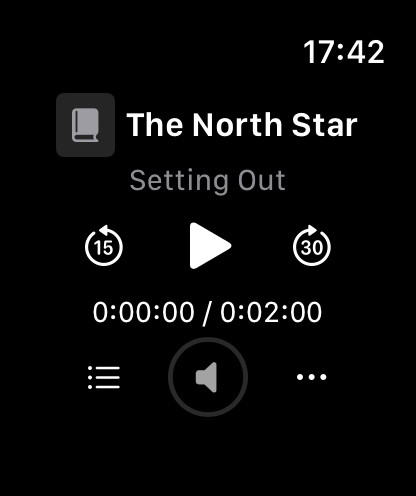 Wristshelf player with large skip and play controls, chapter selection, volume and playback settings